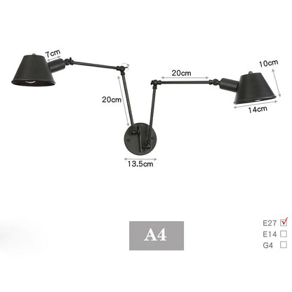 Black Rustic Vintage Swimming Arm Wall Lamp Retro Long Reading Lights on the Wall Adjustable Iron Applique Murale Luminaire Home