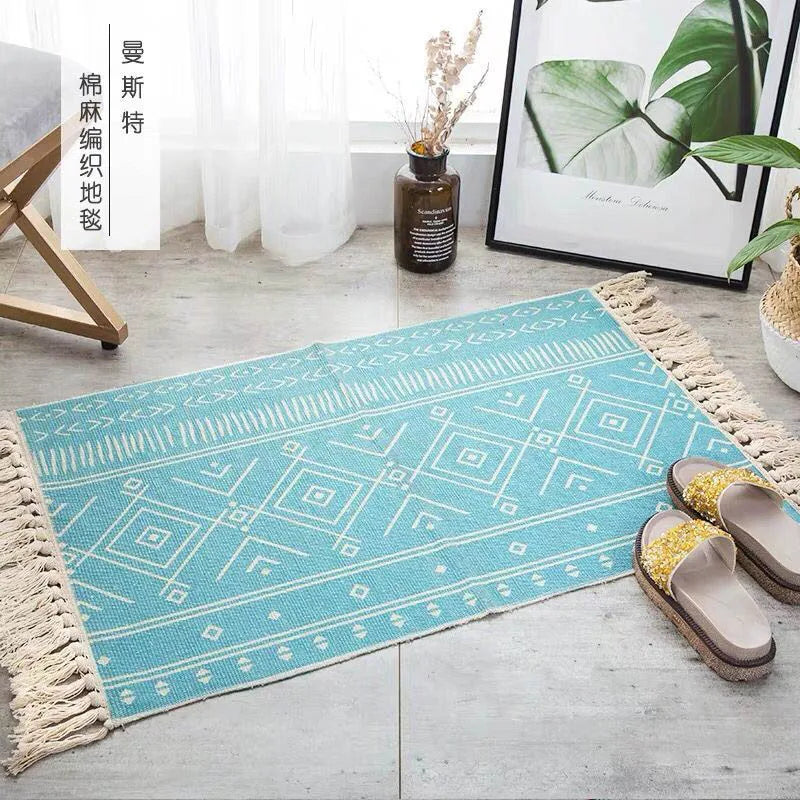 Turkish Cotton Linen Area Rug Set with Tassels Hand Woven Printed Rug/Mat Washable Entryway for Bedroom, Kitchen, Laundry Room