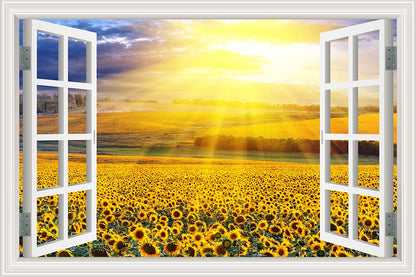 Wall Sticker Yellow Flower Sunflower Landscape Wallpaper Kitchen Living Room 3D Window View Stickers  Vinyl Home Decor