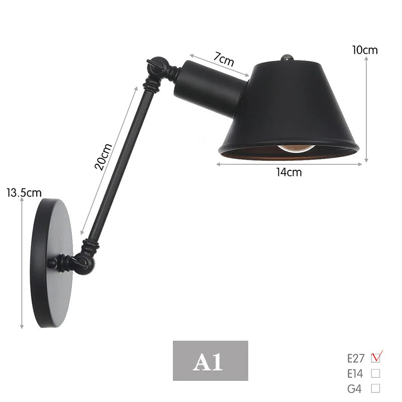 Black Rustic Vintage Swimming Arm Wall Lamp Retro Long Reading Lights on the Wall Adjustable Iron Applique Murale Luminaire Home