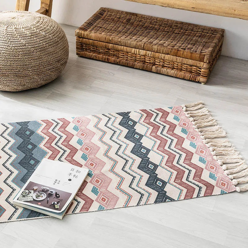 Turkish Cotton Linen Area Rug Set with Tassels Hand Woven Printed Rug/Mat Washable Entryway for Bedroom, Kitchen, Laundry Room