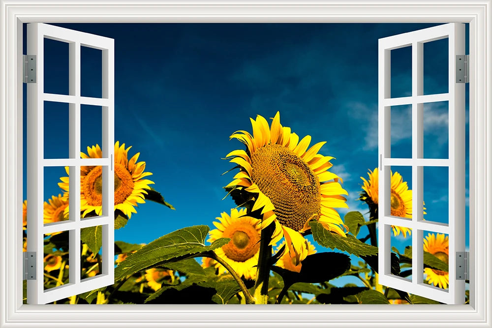 Wall Sticker Yellow Flower Sunflower Landscape Wallpaper Kitchen Living Room 3D Window View Stickers  Vinyl Home Decor