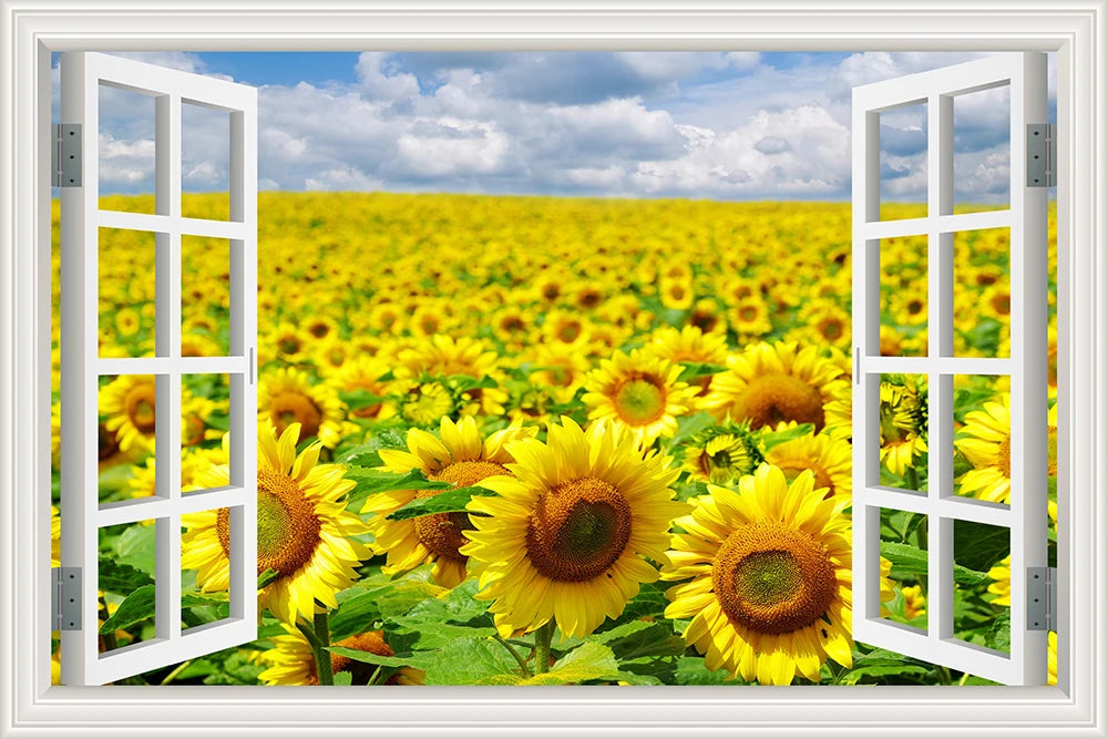 Wall Sticker Yellow Flower Sunflower Landscape Wallpaper Kitchen Living Room 3D Window View Stickers  Vinyl Home Decor