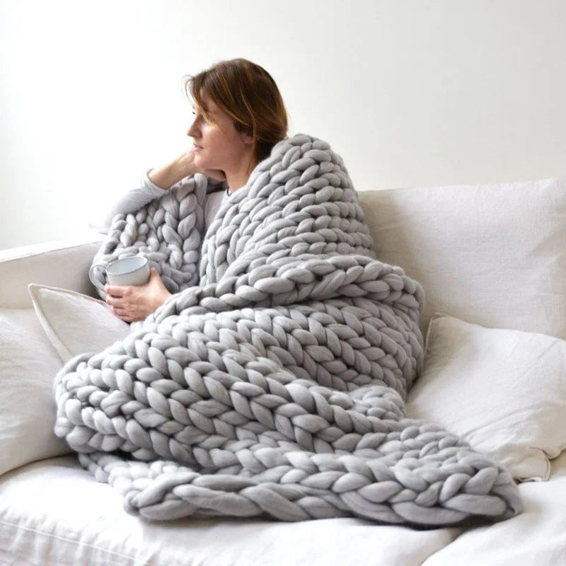 Chunky Yarn Blanket for Bed Hand Woven Sofa Throw Blankets Knitted Warm Grey Beige Air Condition Blankets Bed Sofa Decorative