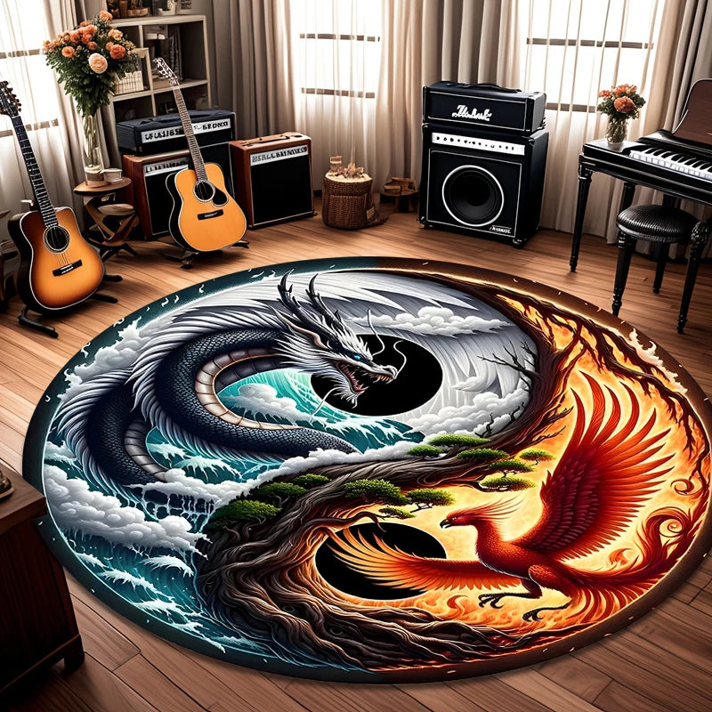 Round Yin Yang Dragon Koi Rug 2D Mythical Beast Rug Washable Non Slip Floor Mat for Living Room Bedroom Gaming Room Home Decor