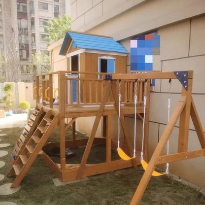 Outdoor Waterproof Wooden Playhouse With Slide Swing Set and Sandbox Kids' Playground Play House for Patio Backyard