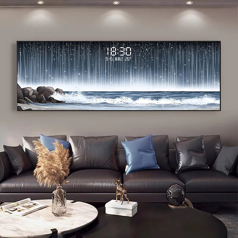 Modern Luxury Living Room Decoration Painting Led Electronic Clock Sofa Background Mural Light Horizontal Hanging Painting