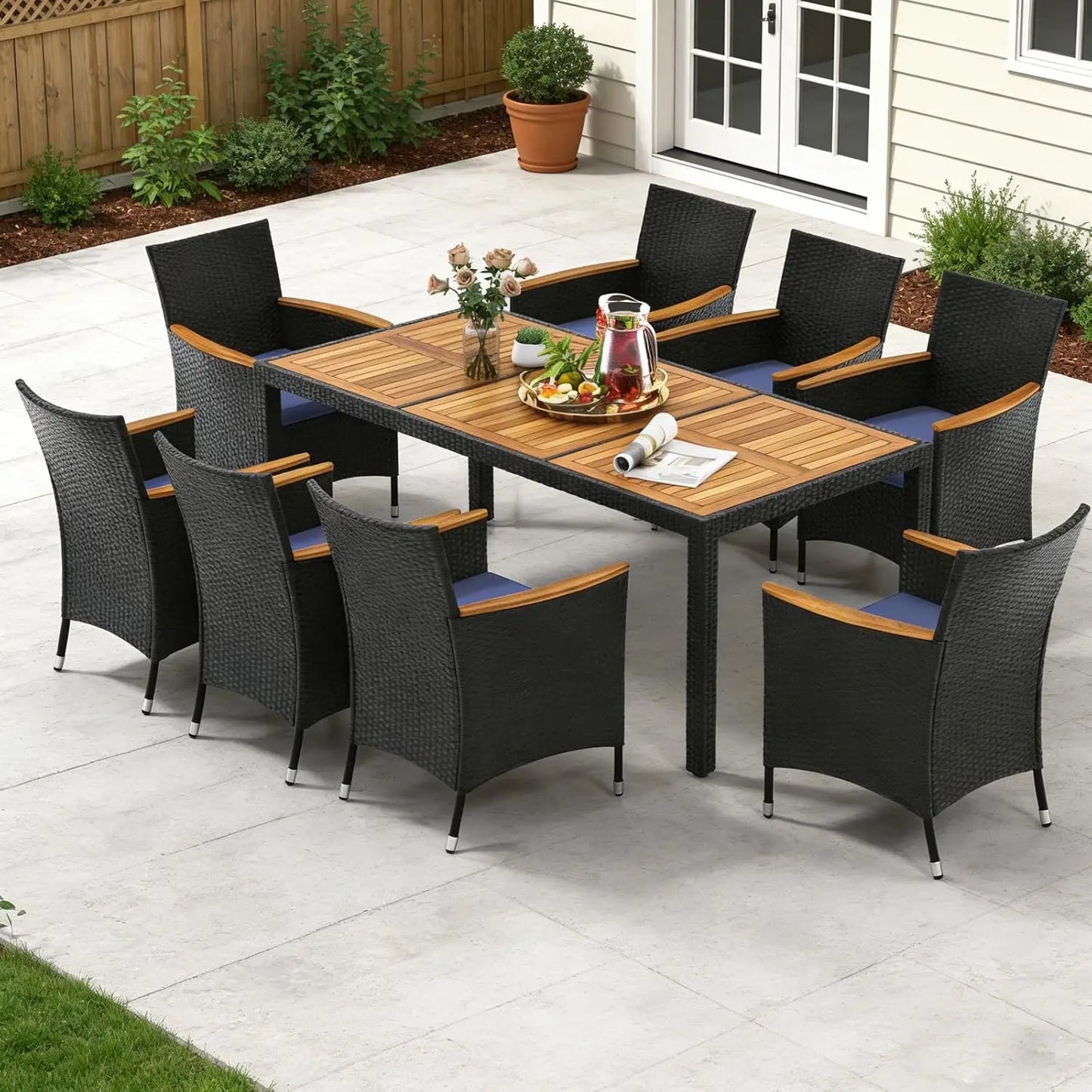 9pc Patio Dining Set Rattan Table & Chairs w/ Umbrella Hole Acacia Wood Top Backyard Balcony Poolside Navy, Custom