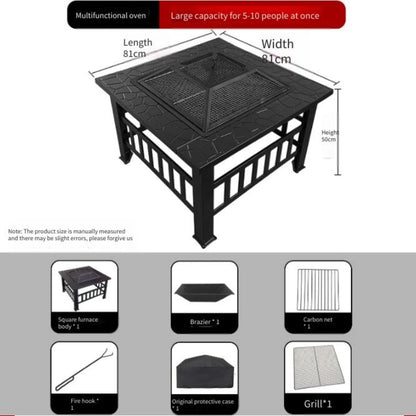 Modern Black Powder Coated Metal Fire Pit Table - Square Wood Burning Stove Heavy Duty Rustproof  Outdoor Patio Garden BBQ Party