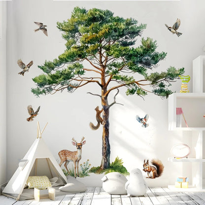 Large Pine Tree Wall Stickers Squirrel Deer Birds Forest Animal Decals Removable Vinyl Mural for Nursery Living Room Home Decor