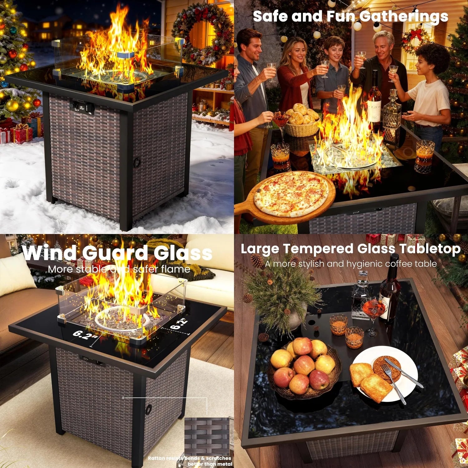 27" Square Rattan Propane Fire Pit Table with Glass Wind Guard Tempered Lid 50000 BTU CSA for Patio Deck Garden Customized