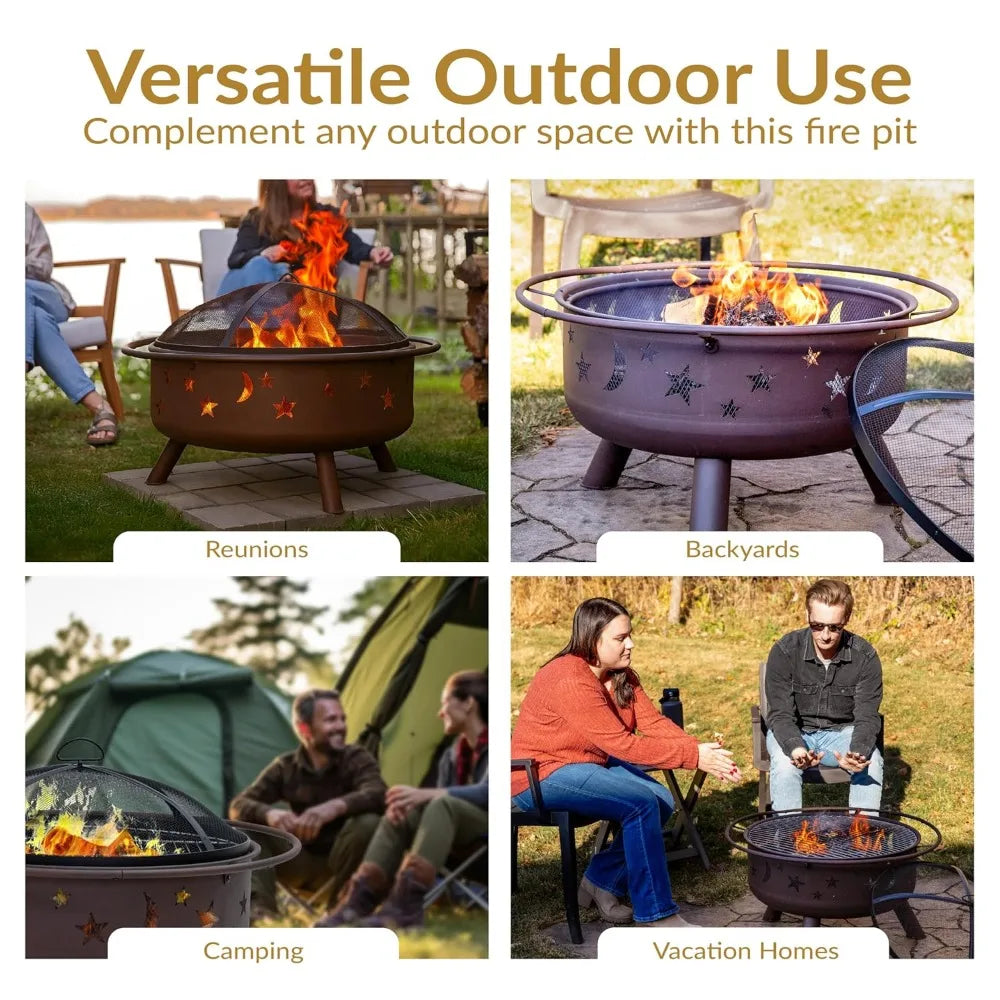 30-Inch Patio Fire Pit for Outside - Outdoor Wood-Burning Fire Pit with Grill Grate, Spark Screen, and Fireplace Poker