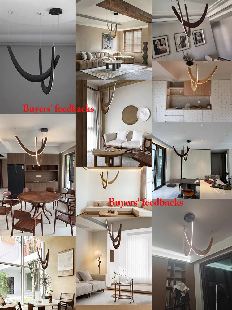 Modern U-shaped Wooden LED Pendant Lights Indoor Hanging Lamp Living Sitting Room Lobby Kitchen Island Dining Living Room Office
