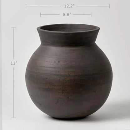 Brown ceramic large 13 tall Zen-style vase for home decor terra cotta pitcher with distressed farmhouse finish pottery decorati