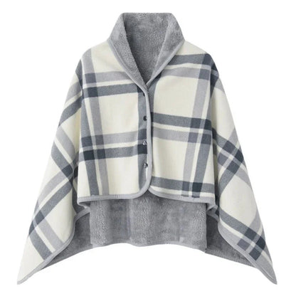 Fleece Wearable Blanket, Plaid Lap Blanket Comfy Poncho Throw with Button Plaid Throw Cushion for Bed Sofa Office