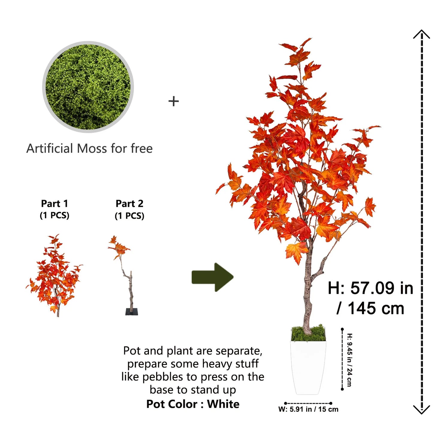 Artificial Maple Leaf Tree 145CM Large Indoor and Outdoor Decorative Potted Plant for Home Living Room and Garden Decoration
