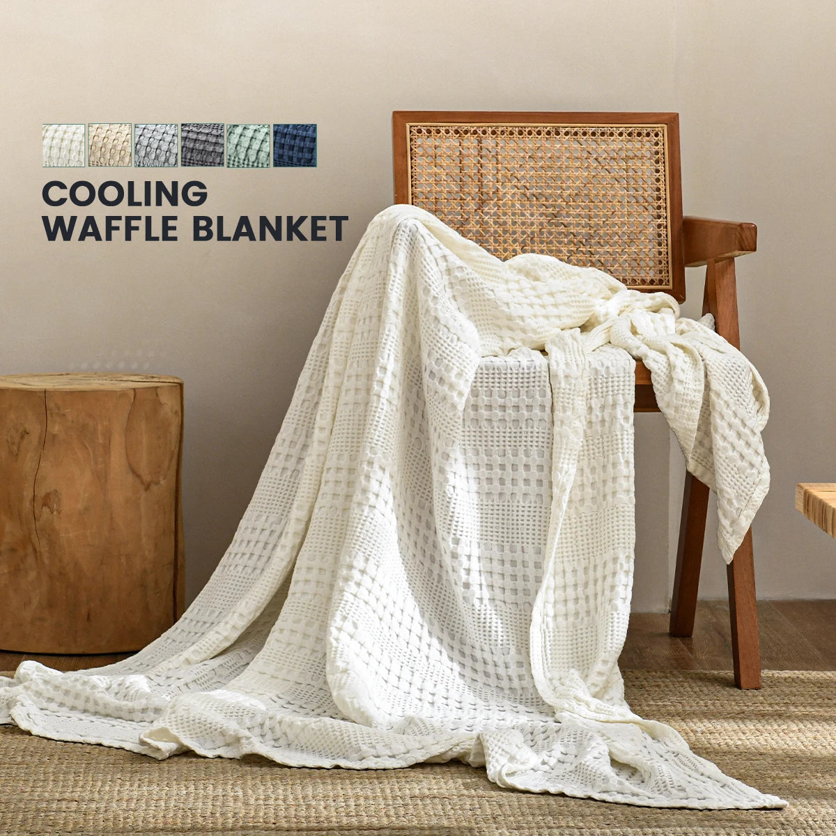 Bamboo Cotton Waffle Cooling Blanket, 50% Bamboo 50% Cotton Summer Throw, Lightweight Breathable for Hot Sleepers, Solid Color