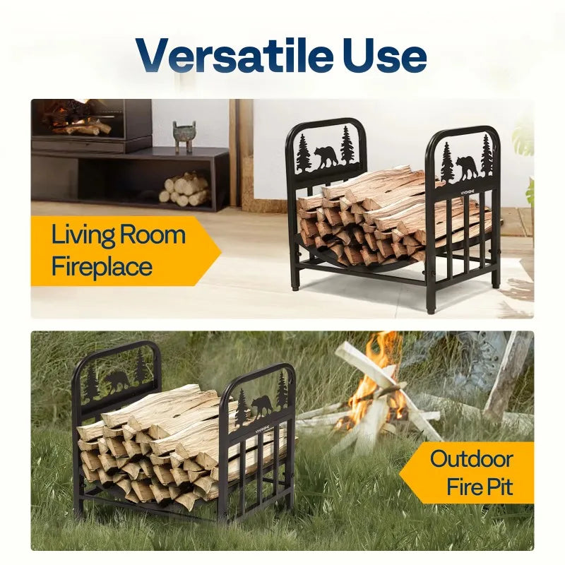 Junsu Indoor/Outdoor Wrought Iron Rectangular Decorative Firewood Rack Fireplace Log Holder and Wood Storage Rack Accessory Set