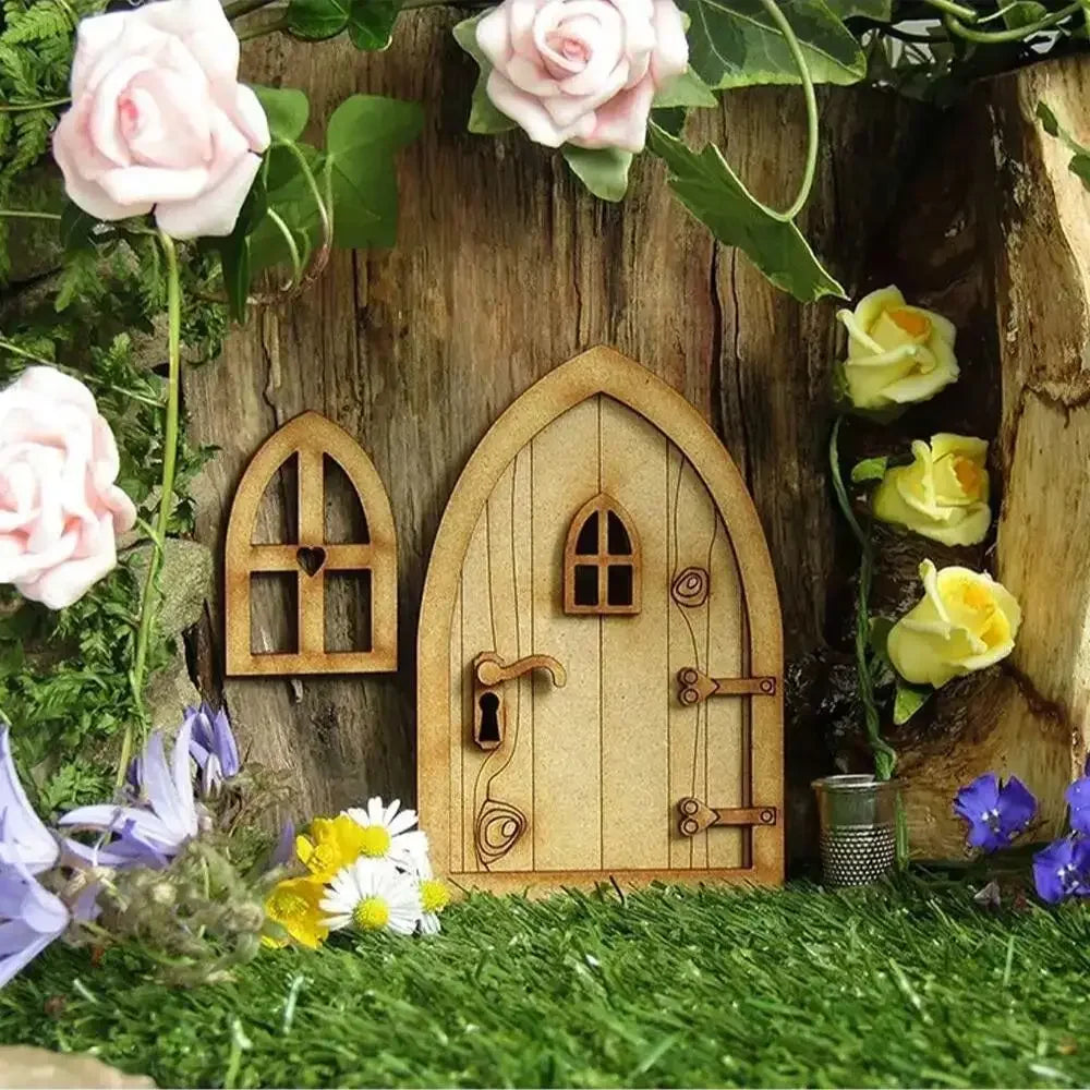 1 Pack Wooden Fairy Garden Door Blank Door Unfinished Elf Window Fairy House Door   Windows Ornaments Tree Statues for Tree Tr