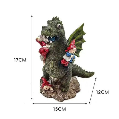 17CM Dinosaur vs Gnome Resin Statue Handmade Fantasy Sculpture Outdoor Garden Art Office Desk Decor Humorous Craft Figurine