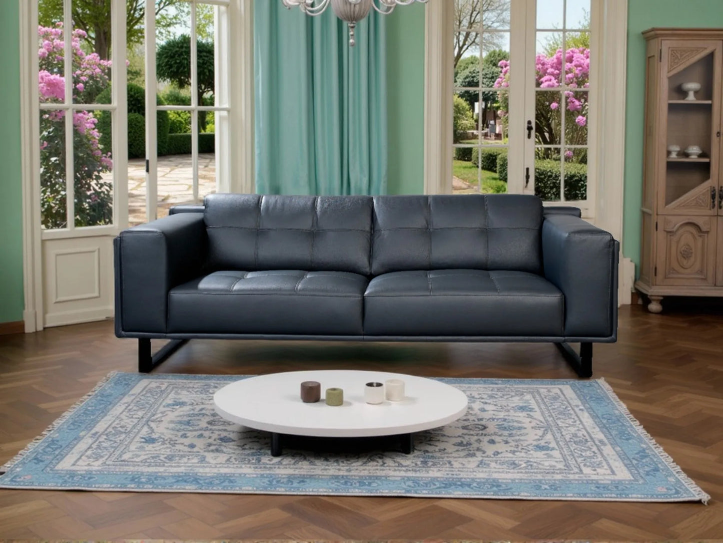 Reception room, hotel lobby, business tourist living room, leather double lounge sofa
