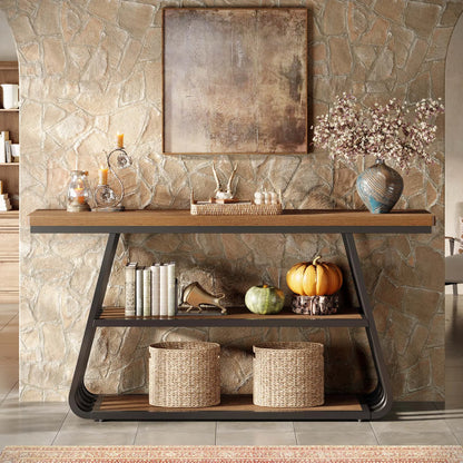 Tribesigns 55" Entryway Table with Shelves, 3-Tier Console Table Sofa Table with Iron Frame, Wooden Entry Table for Living Room, Foyer, Hallway, Industrial Style