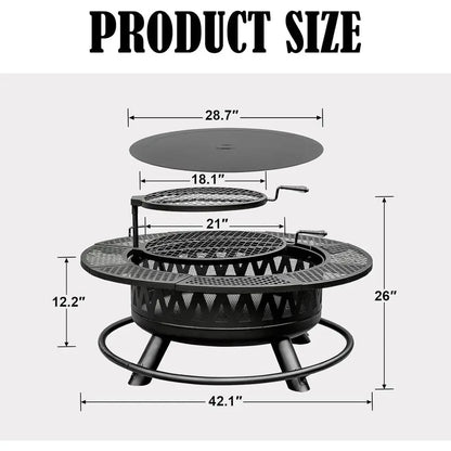 42 Inch Round Outdoor Fire Pit with Dual Grills, Wood-Burning, Ideal for Backyard Parties and Picnics
