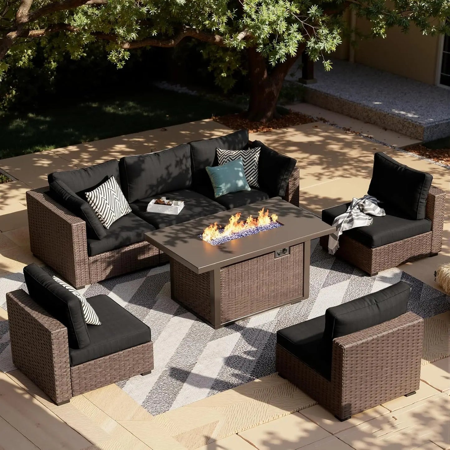 7-Pieces Patio Furniture Sets Outdoor Sectional Sofa with 44'' Propane Rattan Wicker Firepit Table, Patio Sectional, Customized
