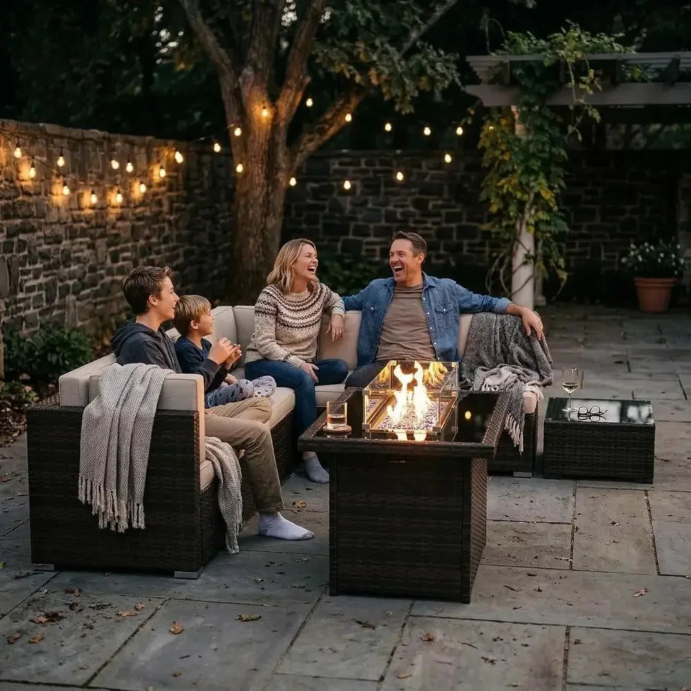 8-Piece Patio Furniture Set with 44 Gas Fire Pit Table, Outdoor Sectional Wicker Sofa with Coffee Table