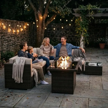 8-Piece Patio Furniture Set with 44 Gas Fire Pit Table, Outdoor Sectional Wicker Sofa with Coffee Table