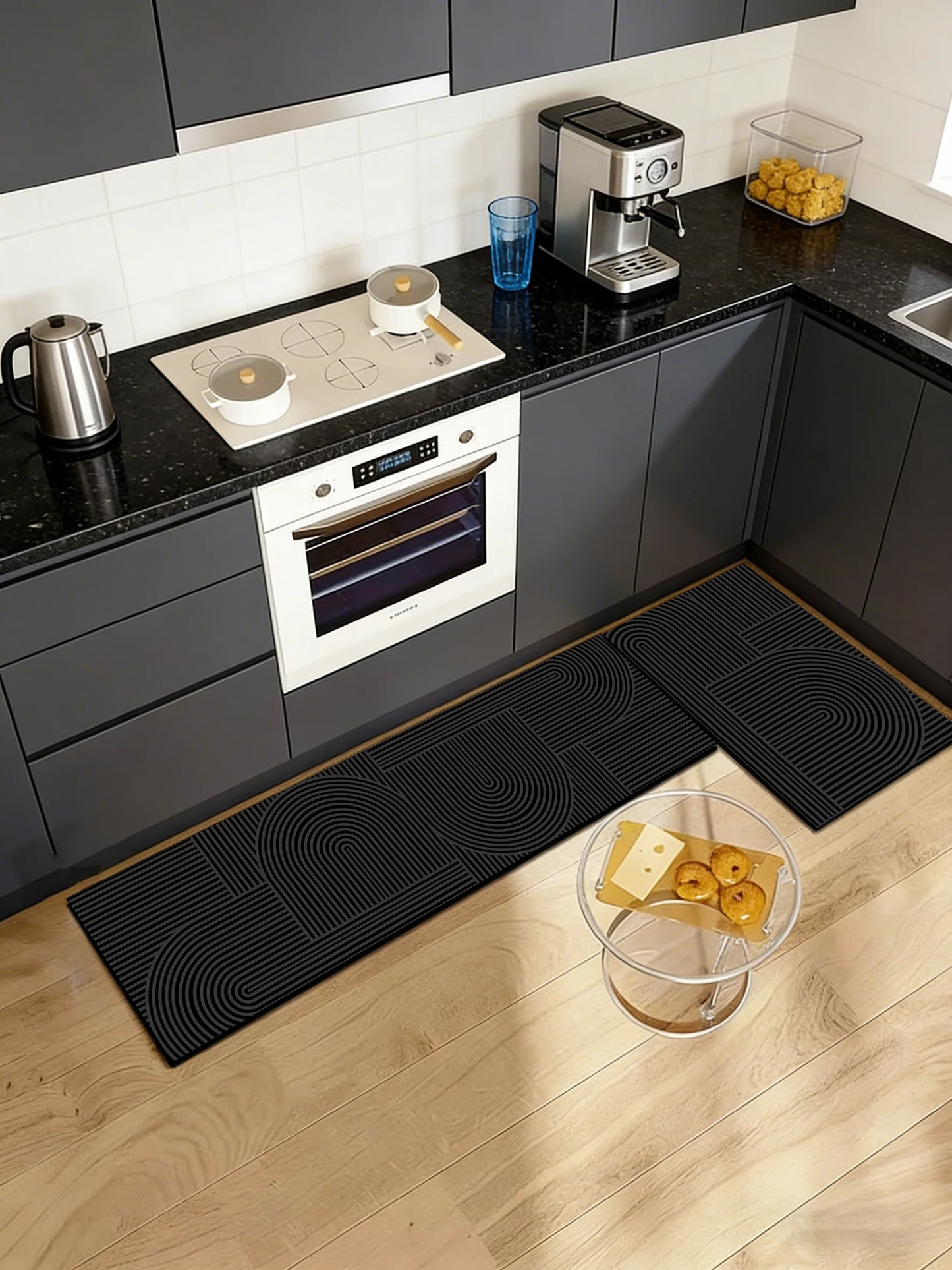 New Modern Kitchen & Bath Rugs with Black Base and Geometric Line Patterns, Non-Slip, Absorbent & Easy to Clean.