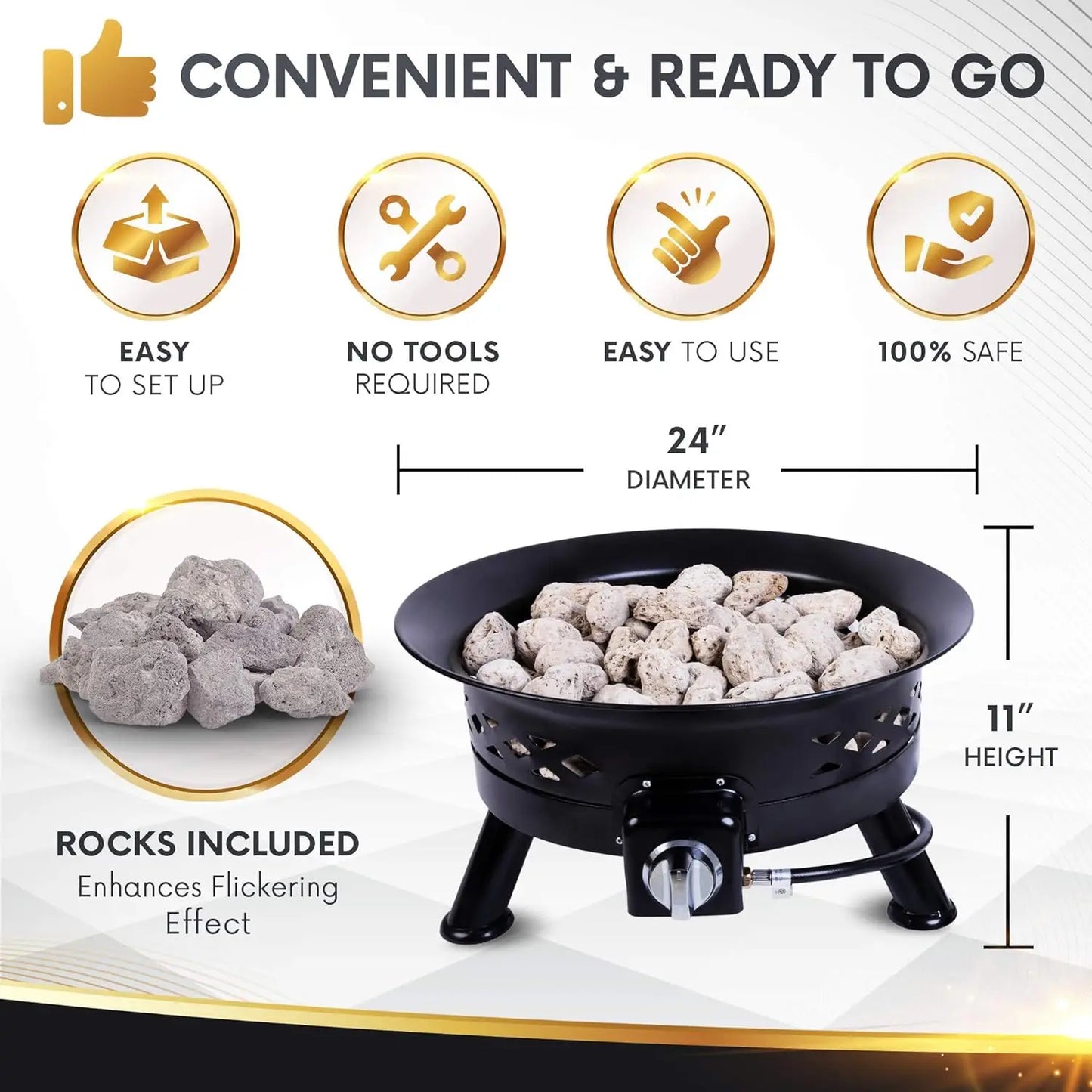 RTS 24inch Gas Fire Pit Camping Portable Fire Pit Backyard Patio Fire Pit Outdoor with Steel burner