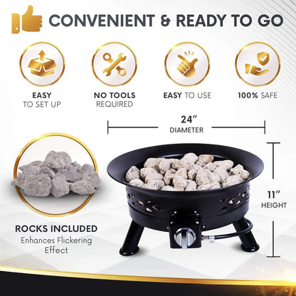 RTS 24inch Gas Fire Pit Camping Portable Fire Pit Backyard Patio Fire Pit Outdoor with Steel burner