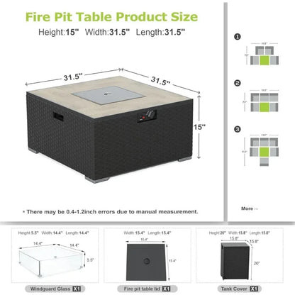 Dual-Purpose 31.5 Inch Square Outdoor Propane Fire Pit Table with 20lb Tank, Suitable for Patio, Deck, and Garden Settings