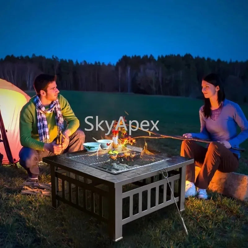 Modern Black Powder Coated Metal Fire Pit Table - Square Wood Burning Stove Heavy Duty Rustproof  Outdoor Patio Garden BBQ Party