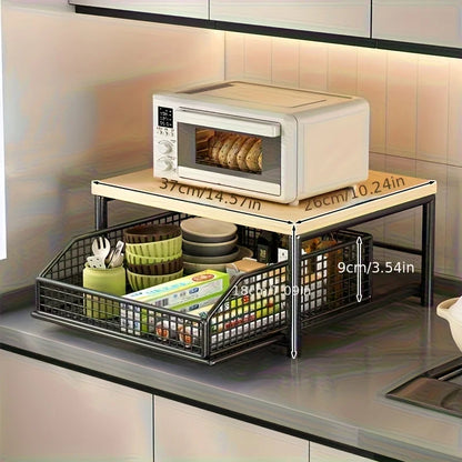 Space-Saving Kitchen Countertop Organizer Made of Sturdy Hardwood with Drawer and Wire Basket for Coffee Maker