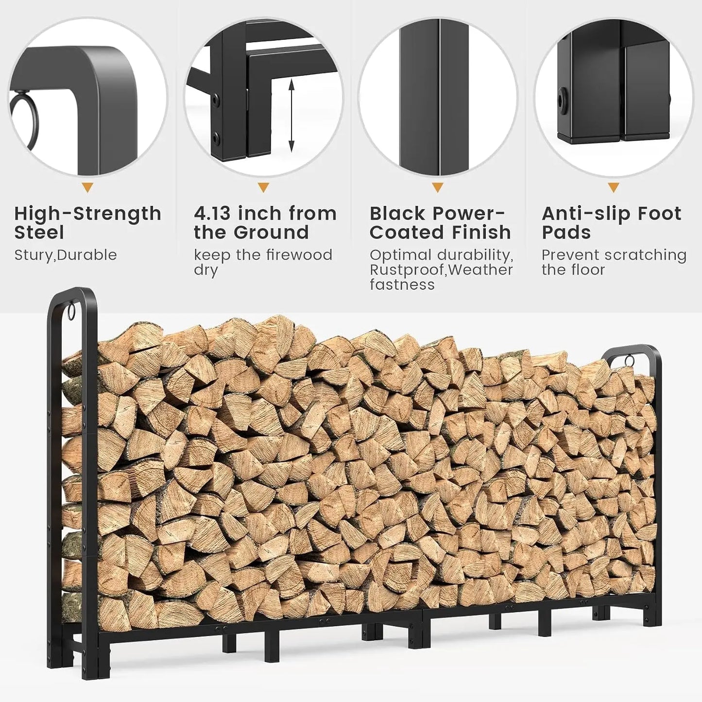 8ft Firewood Rack Outdoor Indoor, Upgraded Heavy Duty Adjustable Fire Wood Rack Holds Up to 4500lbs, Fireplace Log Holder Wood Storage for Porch Patio, Easy Assembly