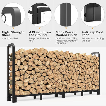 8ft Firewood Rack Outdoor Indoor, Upgraded Heavy Duty Adjustable Fire Wood Rack Holds Up to 4500lbs, Fireplace Log Holder Wood Storage for Porch Patio, Easy Assembly