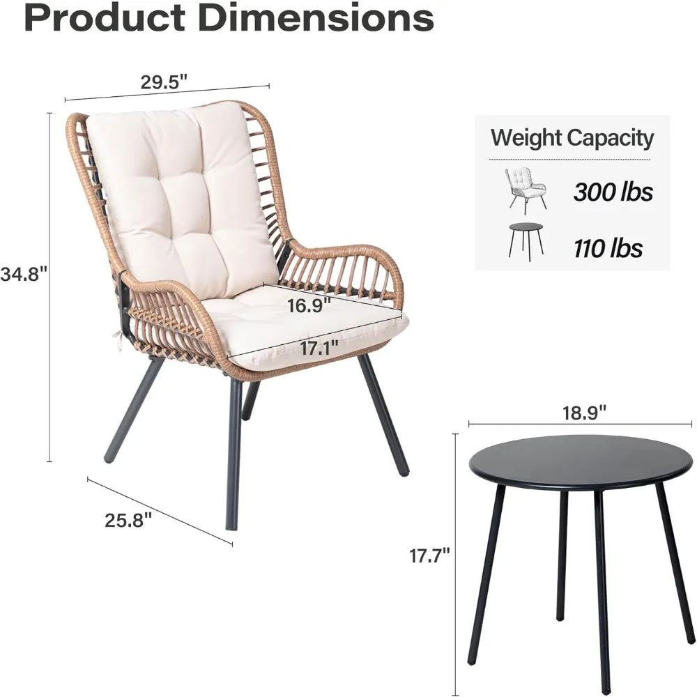 Outdoor Bistro Set, Small Patio Furniture Set with Coffee Table and Thick Cushions, Front Porch Furniture for Lawn, Garden