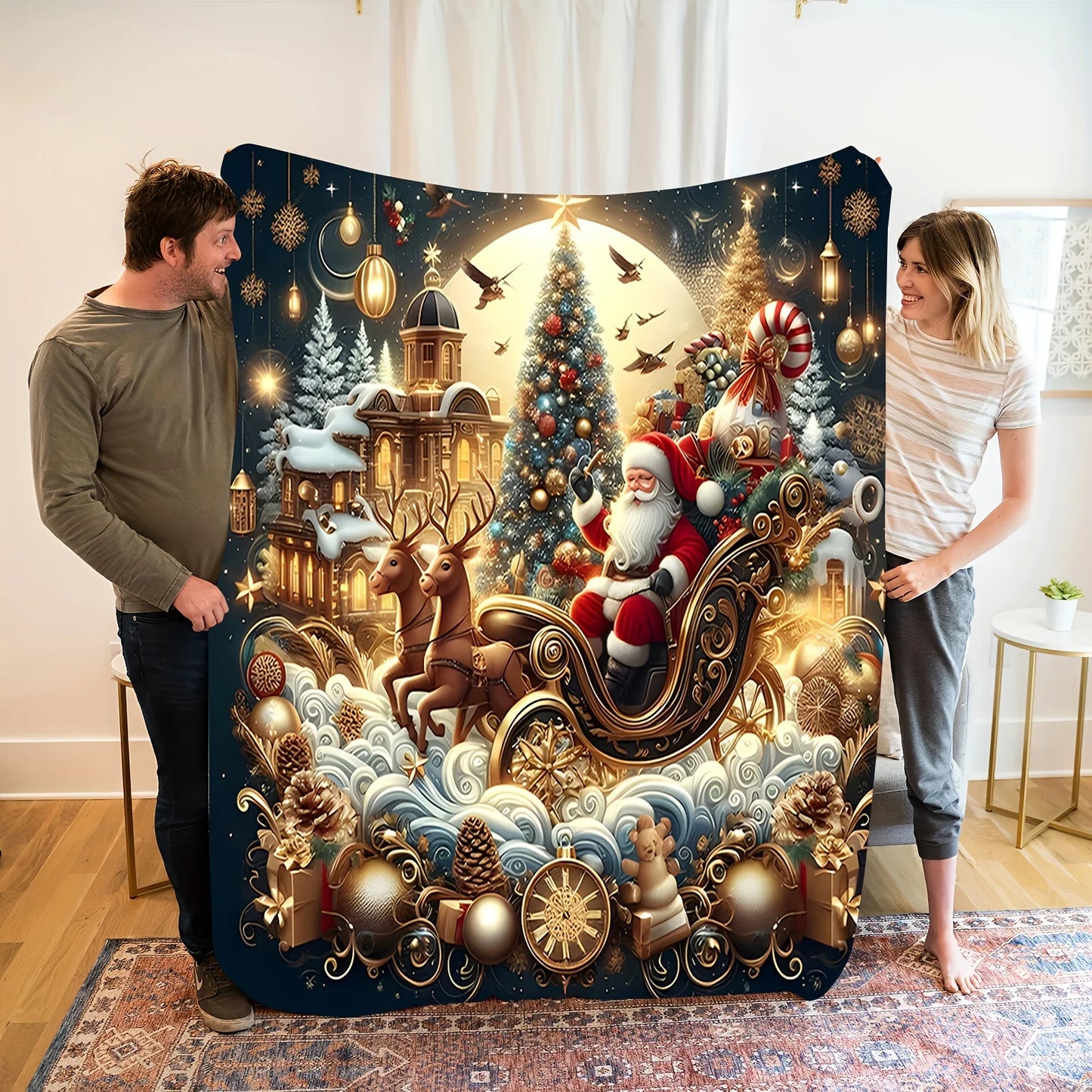 1pc Holiday Santa Claus Reindeer Sleigh Christmas Tree Elements Flannel Fleece Blanket，Multipurpose Seasonal Gift for Christmas