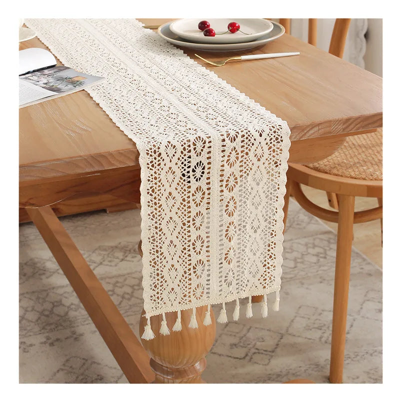 Table Runner Beige Christmas Crochet Lace Cotton Blended Fabric with Tassel For Coffee Table Decor Wedding Decoration