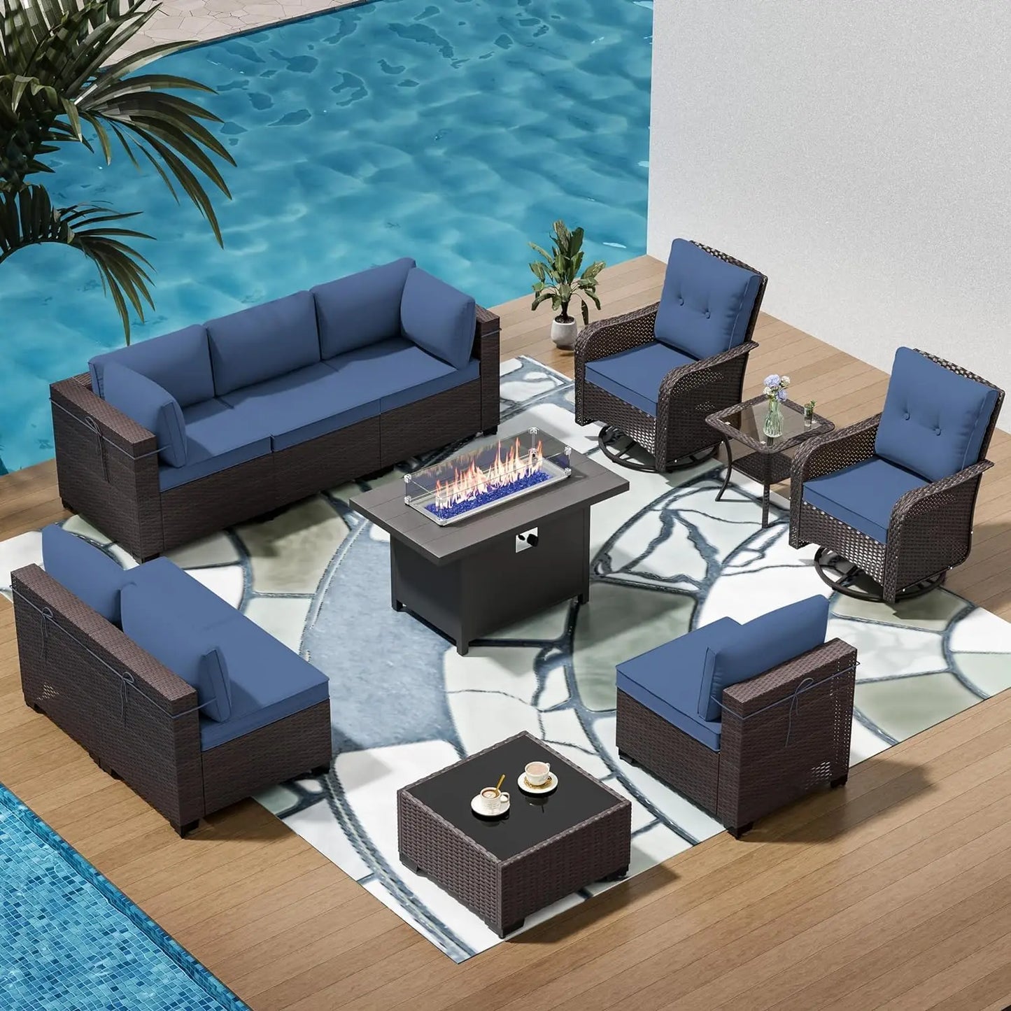 11 Pieces Outdoor Patio Furniture Set,Outdoor Sectional Furniture with 45" 55000 BTU Gas Propane Fire Pit Table,PE, Customized
