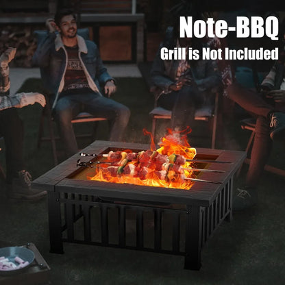 32 Inch Fire Pit, Square Outdoor Fire Pit Table with Spark Screen & Fire Poker, 3-in-1 Multipurpose Firepits for Outside