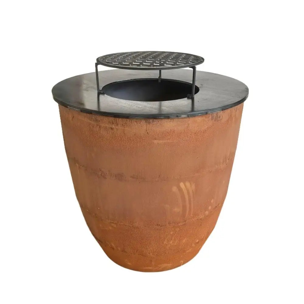 Deep Egg Shape Wood Fire Brazier With Cooking Plancha Modern Outdoor Garden BBQ Grill Corten Steel Backyard Fire Pit