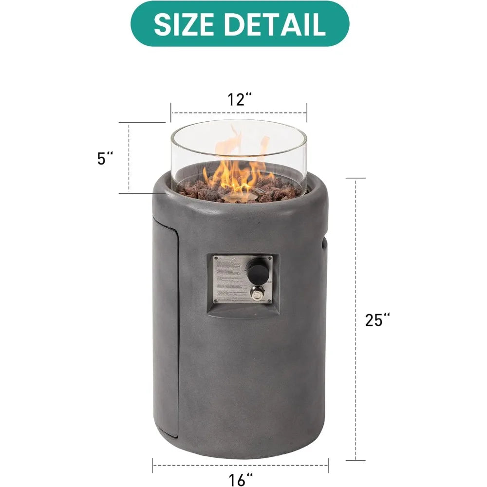 Outdoor Propane Fire Pit, Stone Like Fire Pit Table with Glass Wind Guard, Waterproof Cover, 40000BTUS Small Column Fire