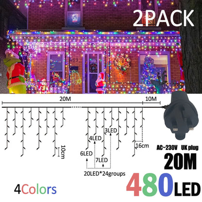 LED Christmas Icicle Curtain String Lights 20M+10M 480LED Extens 8Modes, Plug in Waterproof for Wedding Party Home Garden