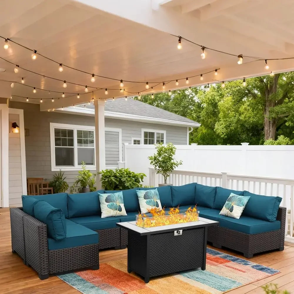 9-Piece Outdoor Wicker Patio Furniture Set with Sectional Sofa, Peacock Blue Cushions, and 45 Gas Fire Pit Table