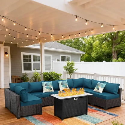 9-Piece Outdoor Wicker Patio Furniture Set with Sectional Sofa, Peacock Blue Cushions, and 45 Gas Fire Pit Table