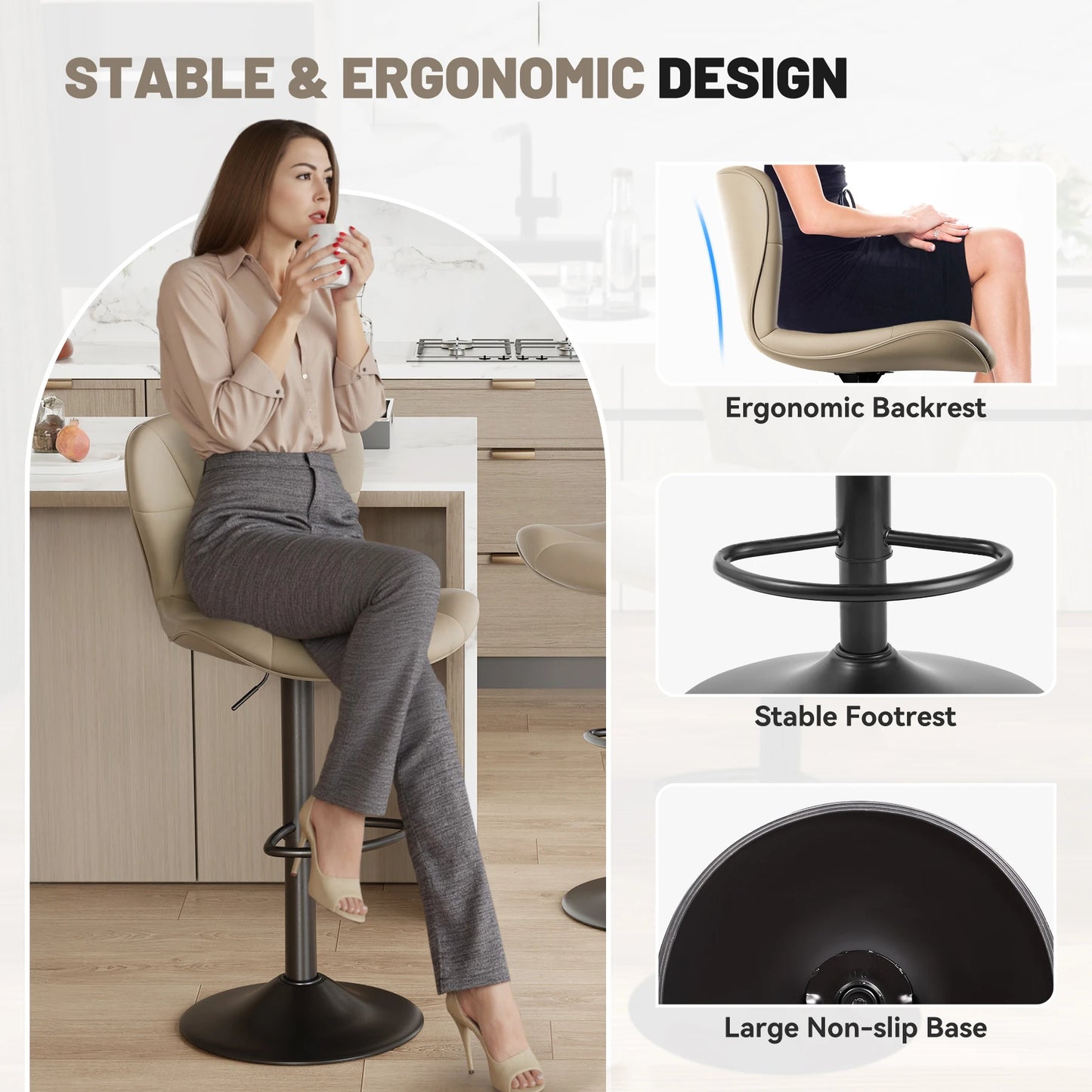 2 PCS Bar Stools, 360° Swivel Faux Leather Upholstery, Adjustable Counter Height, For Bars, Kitchens, Restaurants Furniture