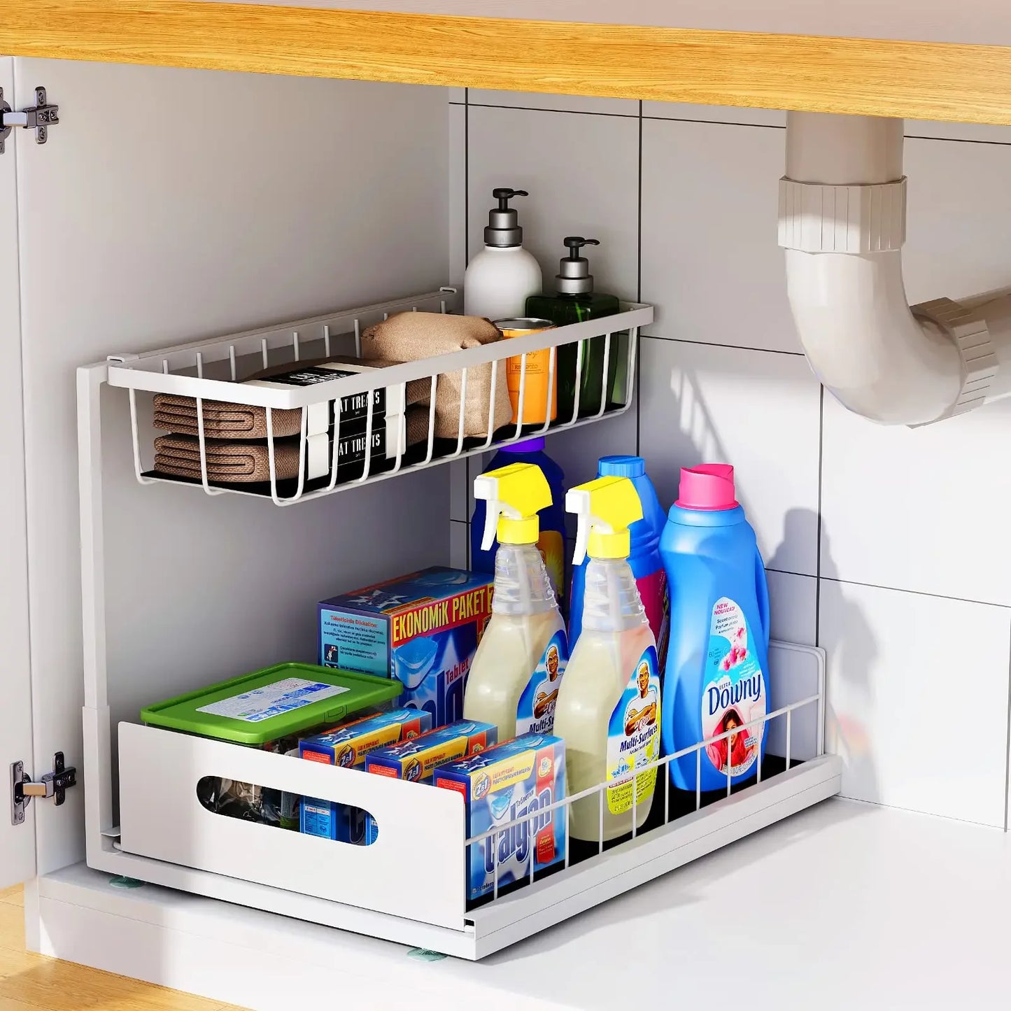 Double-layer Sliding Rail Basket Under-Sink Storage Rack Bathroom Kitchen Storage